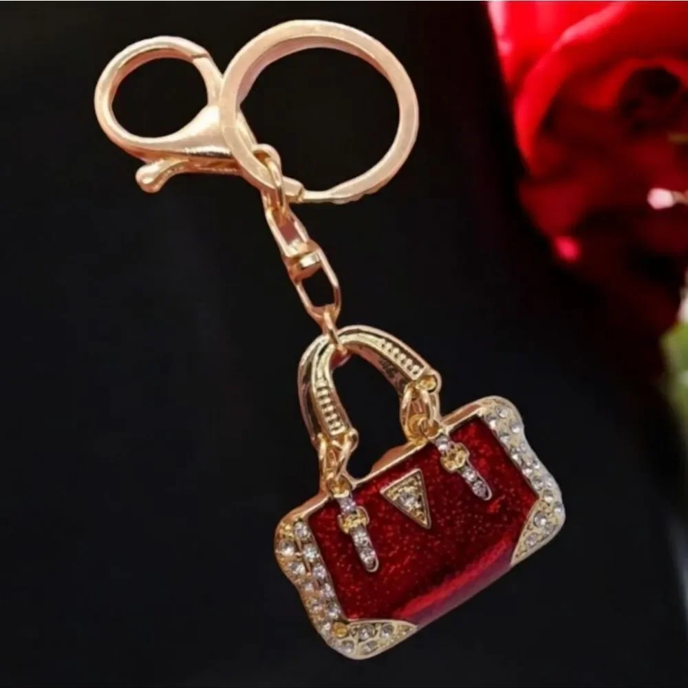 Red Mini Handbag Purse Charm Keychain Rhinestone Gold Bag Clip Enamel Accessory